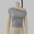 Elegante top a costine grigio asimmetrico monospalla, moda Y2K aderente da donna - Taglia S / Top / Grigio