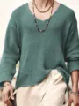 Pull homme col V en tricot ajouré manches longues décontracté ample uni haut mode - Vert malachite