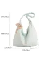 Korean style polka dot canvas shoulder bag with cute plush puppy pendant and size specs. - Green