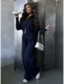 Women Knit Sweater Set Zip Up Cardigan Wide Leg Pants Casual Two Piece Outfit Autumn - One Size / Set / Dark Blue