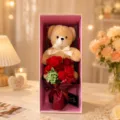 Teddy bear soap flower gift box, romantic rose bouquet present for Valentine's Day and birthdays. - Khaki Teddy Bear Bouquet