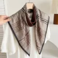 Brown plaid square scarf for women, lightweight cotton linen neck scarf, elegant daily accessory. - British Plaid - Camel Beige (Double Sided)