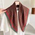 Retro geometric print square scarf for women, elegant neckerchief for spring and autumn. - Striped Houndstooth - Orange Green (Double Sided)