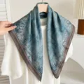 Blue silk square scarf with vintage carriage print, elegant women neckerchief for spring autumn. - Gradient Paisley - Blue Coffee (Double Sided)