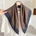 Cotton linen square scarf blue horsebit print elegant neck scarf retro fashion head wrap women - Letter Chain - Blue Coffee (Double Sided)