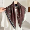Brown butterfly print square scarf, cotton linen blend neckerchief for women pastoral style - Small Butterfly - Coffee Green (Double Sided)