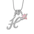 Collier pendentif lettre H en argent avec zircone cubique et cœur rose pour femme. - H-Platine (Chaîne Serpent)