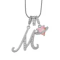 Collier Pendentif Lettre M Argentée avec Charme Planète Cœur Rose Strass Zirconia - M-Platine (Chaîne Serpent)