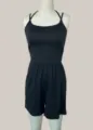 Black spaghetti strap romper for women, casual slim waist and loose wide leg shorts. - XS / Front View