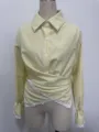 Stylish women's striped long sleeve wrap waist shirt with elegant lace trim details. - Yellow