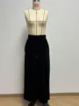 Schwarze Samt-Weites-Bein-Hose für Damen, lässige High-Waist-Kordelzug-Hose in Schwarz. - XS / Unterteile / Schwarz