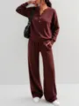 Completo due pezzi bordeaux da donna, top a manica lunga e pantaloni ampi comodi casual. - Bordeaux