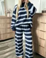 Women casual striped lounge set, navy blue two piece long sleeve top and wide leg pants. - Dark Blue
