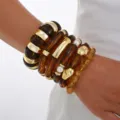 Acrylic resin bracelet stack bohemian gold metal statement bangles fashion jewelry for women - Beaded Curved Link Bracelet (6819501HB)