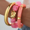 Fashion acrylic resin beaded bracelet set with gold metal cuff for women and girls daily wear - Beaded Bamboo Bangle (6861701HB)