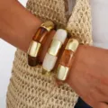 Chunky resin and metal segmented stackable bangles for women stylish fashion jewelry - Wide Spliced Bangle (6744402HB)