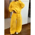 Women bright yellow fleece hoodie sweatpants two piece set casual streetwear activewear outfit - Yellow