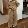 Women Fleece Tracksuit Hoodie and Wide Leg Sweatpants Casual Two Piece Set Streetwear - Camel