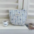 Bolso cosmético acolchado con rayas azules y diseño de lazo, bonita bolsa de maquillaje. - Lazo liso acolchado / S