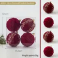 Burgunderrote Samt Weihnachtskugeln Set mit goldem Glitzerblattmuster für Weihnachtsbaum. - J895-4 (8cm beflockte gemalte Bälle)