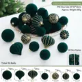Grüne Samt Weihnachtskugeln Set mit 26 Stück in verschiedenen Größen für Christbaum Dekoration. - E522512B (Beflockter Grüner Ball)