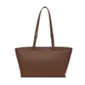 Brown leather tote bag with adjustable shoulder strap, classic casual handbag for daily work. - Coffee