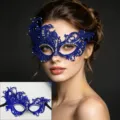 Blue lace masquerade mask with sparkling rhinestones for women half face party props - Royal Blue and White Rhinestones