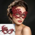 Red lace masquerade mask with rhinestones, half face design for Halloween party dress up. - Red and White Rhinestones