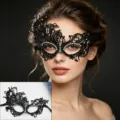 Black lace masquerade mask with sparkling rhinestones for women Halloween party and ball events. - Black and White Stone / Black