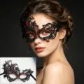 Black lace half face masquerade mask with red bead details, perfect for Halloween and party. - Black Red Rhinestone