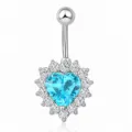 Silver tone navel piercing with light blue heart cubic zirconia and clear crystal halo. - Blue Zirconia