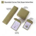 Flocked jewelry box set with detailed size specifications for necklaces, bracelets and rings. - Grass Green Flocked [No Light]; Ring & Stud Box (Hidden Hinge)