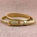 Women thin gold leather belt with metallic pin buckle fashion waist accessory for dress - Gold