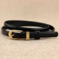 Women's black thin patent leather belt with elegant gold pin buckle, stylish dress waist belt. - Black