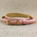 Women's pink thin patent leather belt with gold carved pin buckle, elegant dress waist accessory. - Pink