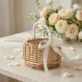 Handgemachter Weidenblumenkorb mit Perlenhenkel und weißer Schleife für Hochzeitsgeschenk. - Kleiner Perlengriff (Schleifen)
