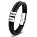 Men's black braided leather bracelet with stainless steel engraved dad son charms and clasp. - 1 Steel Color Engravable Bead + Steel Color Magnetic Clasp Bracelet