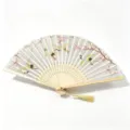 Traditional folding fan with bamboo ribs and elegant crane plum blossom art for gifts. - White Ribs Style 49
