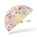 Cute cartoon cat folding hand fan with wooden ribs and elegant tassel for summer daily use. - White Bone Style 92