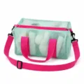 Mint green mesh beach bag with bright pink handles, durable toy storage organizer bag. - Dopamine Crossbody Bag Green 32*14.5*14.5cm
