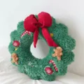 Christmas wreath plush pillow, green festive cushion with big red bow and cute gingerbread decor. - Gingerbread Wreath / 38 cm / Green