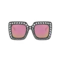 Mooie stijlvolle modieuze vierkante strass zonnebril met roze gespiegelde lenzen chic. - C26 - Glanzend zwart montuur roze spiegelglazen