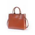 Brown leather women tote bag, stylish top handle shoulder handbag for daily commuter wear. - Caramel color