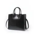 Black genuine leather women tote shoulder bag, classic casual commuting handbag daily use. - Black