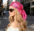Pink satin hair scarf with butterfly print, chic headband for women and spring styling. - 60x60cm / Butterfly Rose Red