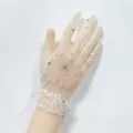 White lace mesh short bridal wedding gloves with rhinestones for women, elegant party wear. - White/Short/Lace/Rhinestone
