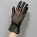 Exquisite black sheer mesh gloves detail featuring sparkling rhinestones and lace cuffs. - Black/Short/Ruffle/Rhinestone