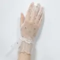 White bridal mesh lace short gloves with rhinestones and ruffles for wedding party. - White/Short/Ruffle/Rhinestone
