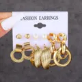 Set di orecchini a cerchio dorati perla vintage orecchini geometrici gioielli moda donna - 5603301-Cerchi in Metallo-Set 6 Pezzi Finta Perla