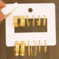 Set di orecchini a cerchio in metallo dorato vintage, gioielli moda geometrici texturizzati. - 5701801-Oro Vintage-Combinazione Orecchini Multiparte con Multitrama